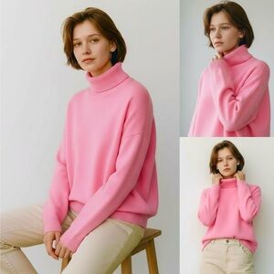 Vince Camuto Turtleneck Knit Oversized Sweater Long Sleeve Dropped Shoulder Pink